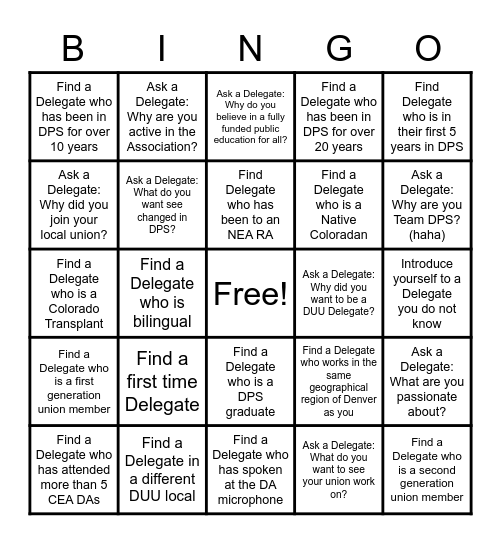 Getting to Know our DUU Delegates Bingo Card