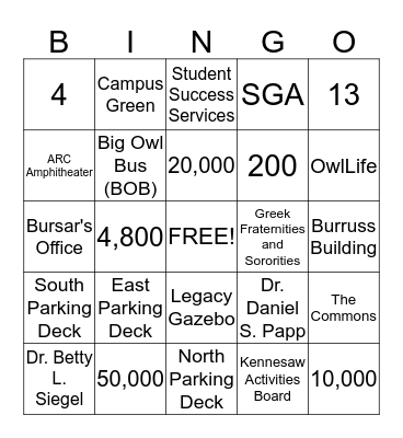 KSU Bingo Night Bingo Card