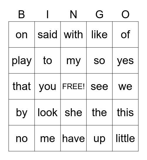 Sight Word Bingo Card