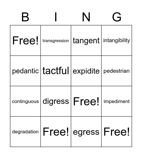 Vocabulary Bingo Card