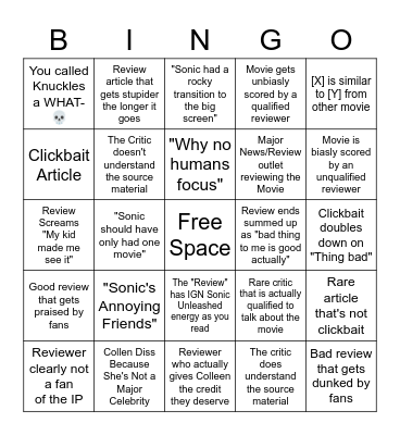 Sonic Movie 2 Critic Bingo Card