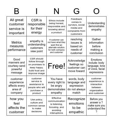 Customer Service Bingo Card