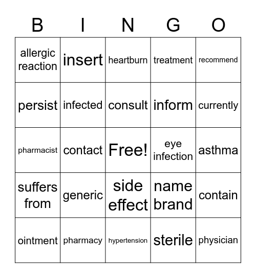 Pharmacy Bingo Card
