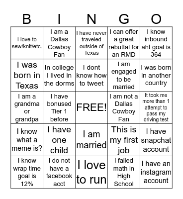 Getting to know OUR TEAM  Bingo Card