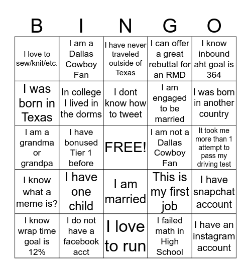 Getting to know OUR TEAM  Bingo Card