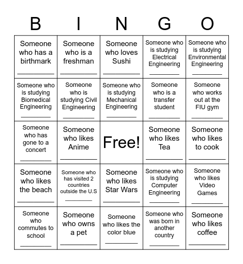 Get To Know You Bingo Card