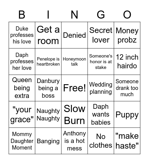 Bridgerton Bingo Card