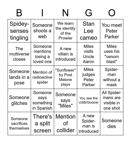 Spiderman: Into the Spiderverse Bingo Card