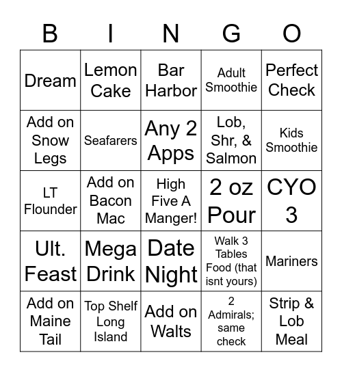 Lobster Fest Bingo Card