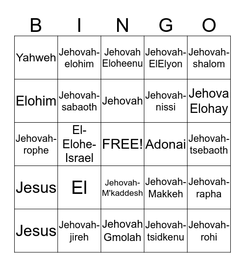 The Names of God Bingo Card