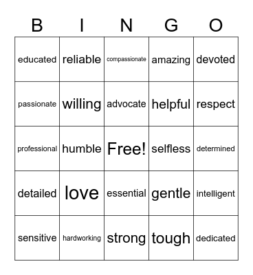 Words to Describe Nurses Bingo Card