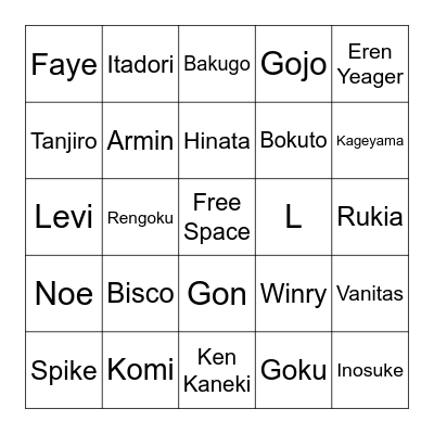 Anime Day Character Bingo Card