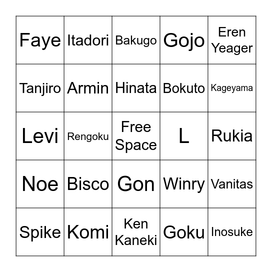 Anime Day Character Bingo Card