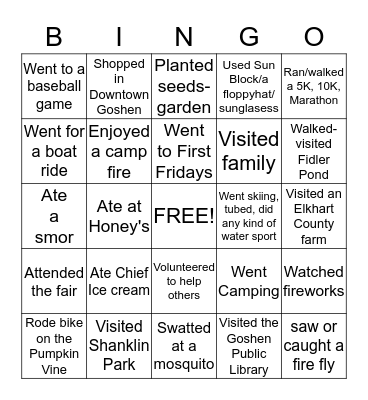Summer Bucket List  Bingo Card