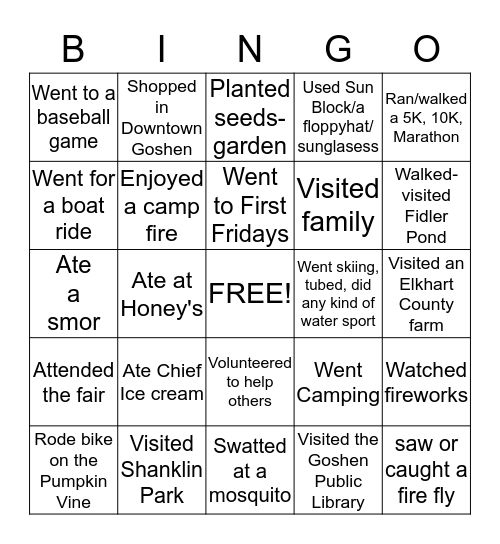 Summer Bucket List  Bingo Card