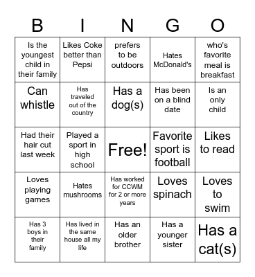 Ice breaker Bingo Card