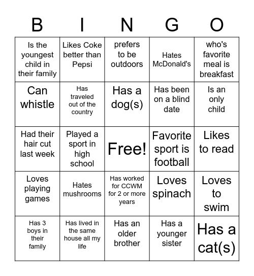 Ice breaker Bingo Card