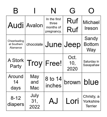 Caitlin and Jordan PA Baby Shower 2020 Bingo Card