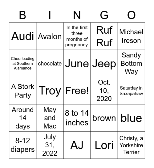 Caitlin and Jordan PA Baby Shower 2020 Bingo Card