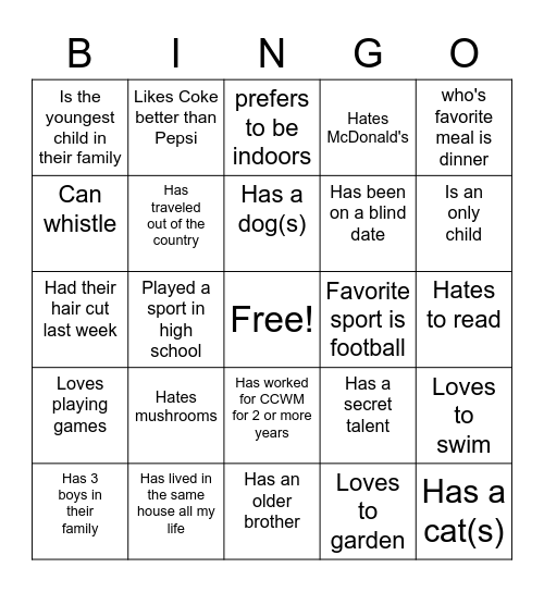 Ice breaker Bingo Card