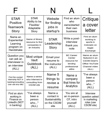 Career Accelerator BINGO Card