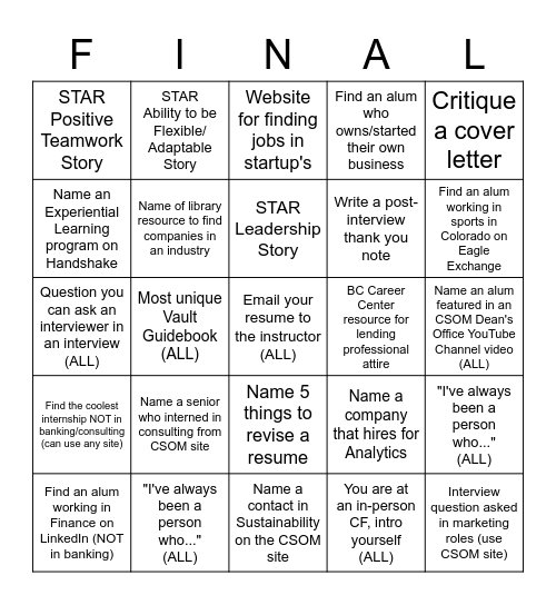 Career Accelerator BINGO Card