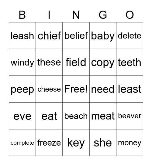 Long E Bingo Card