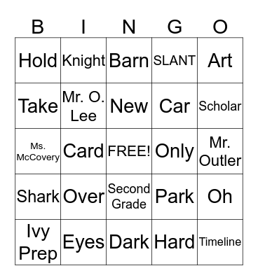 August 24-28 Vocabulary "ar" words Bingo Card