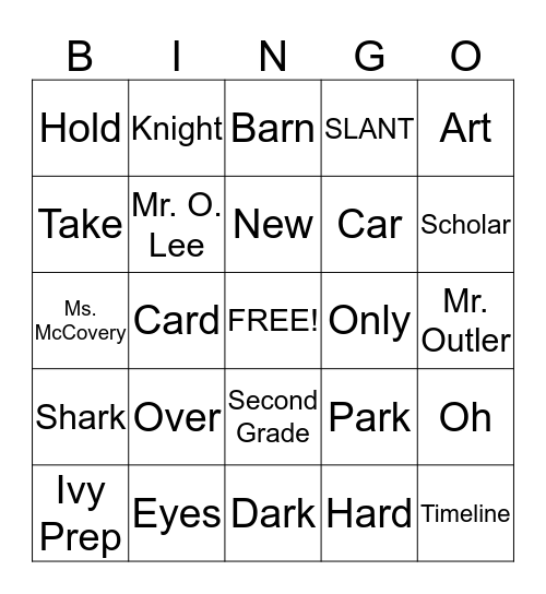 August 24-28 Vocabulary "ar" words Bingo Card