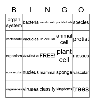 Cells/Classifying Life (Lesson 1 and 2) Bingo Card