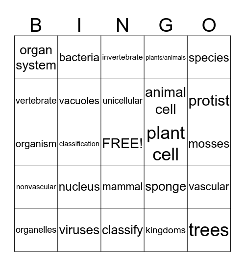 Cells/Classifying Life (Lesson 1 and 2) Bingo Card