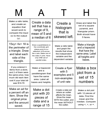6th grade End of Year Math Review Bingo Card