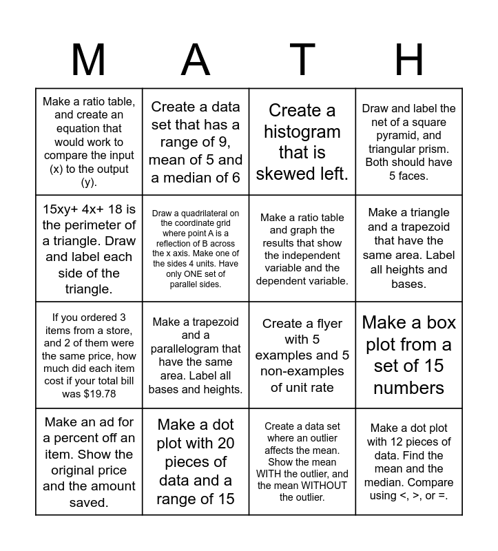 6th grade End of Year Math Review Bingo Card