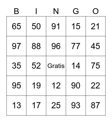 Spanish Numbers Bingo Card