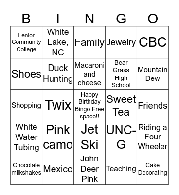 Miss Wynne's Favorite Things Bingo Card