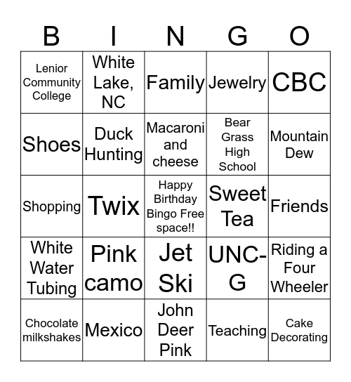 Miss Wynne's Favorite Things Bingo Card