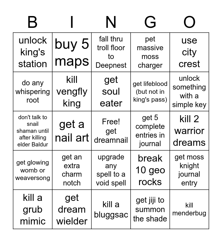 Hollow Knight Bingo Card