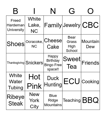 Miss Wynne's Favorite Things Bingo Card
