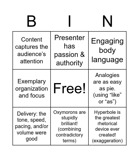 Elements of Storytelling Bingo Card