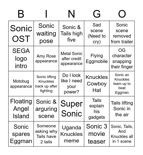 Sonic 2 Movie Bingo Card