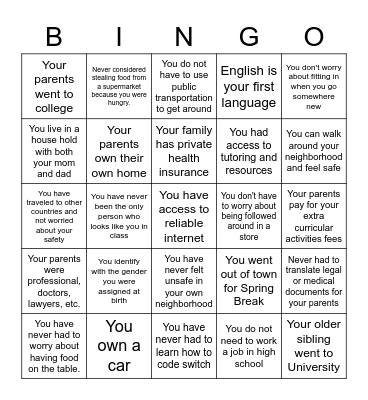 Privilege Bingo Card