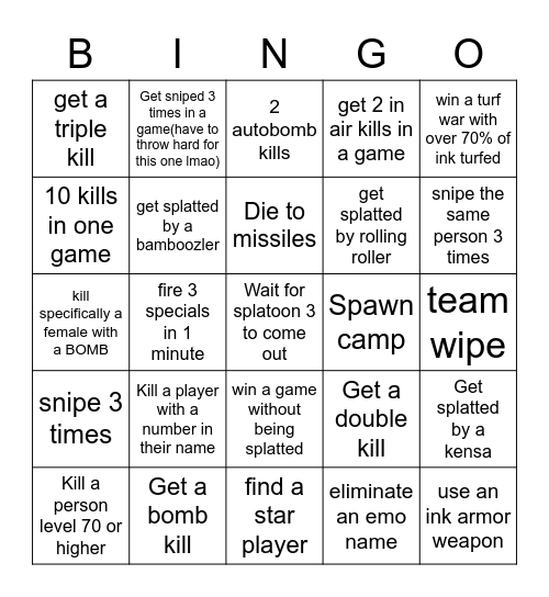 Splatoon bingo(Still dont know what it is) Bingo Card