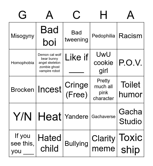 r/GachaLifeCringe Bingo Card