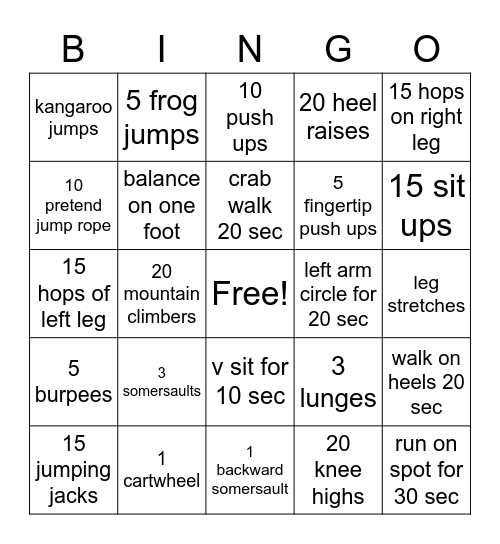 monkey fitness 2 Bingo Card