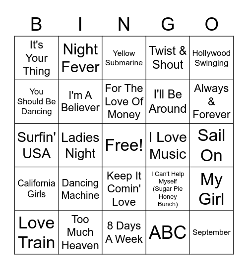 60's & 70's Boy Bands Bingo Card