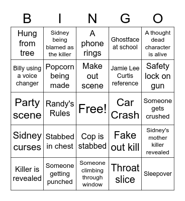 Scream Party Bingo Card