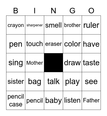 English Vocabulary 3 Units Bingo Card