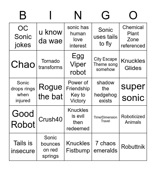 Sonic 2 Bingo Card