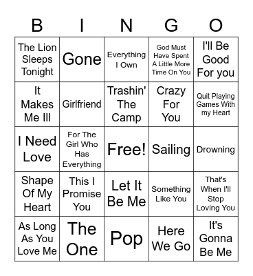 N Sync & Backstreet Boys Cover All Bingo Card