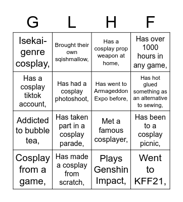 KFF just fandom things bingo Card